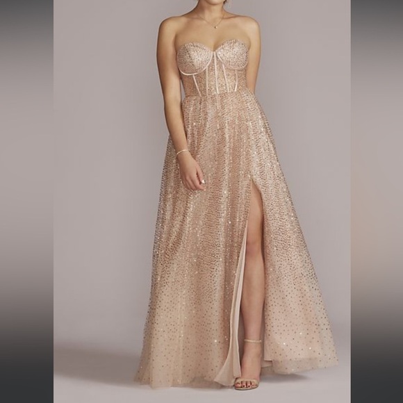 Jules & Cleo Rose Gold Strapless Sequin Corset A-Line Dress Slit Sparkle Glitter - Picture 5 of 13